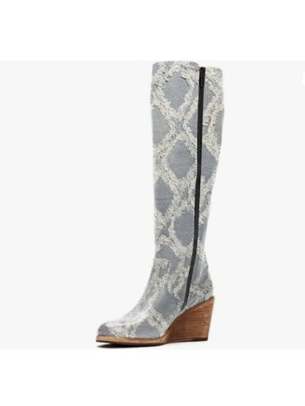 FSJ Women Comfortable Side Zipper Wedge High Heel Point Toe Fashion Boot  Denim